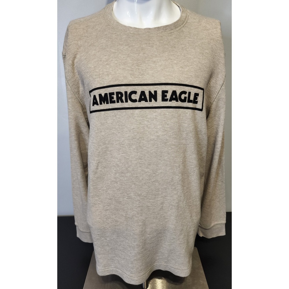 American Eagle Shirt Mens Size 2XL Beige Waffle Knit Crew Neck Long Sleeve‎